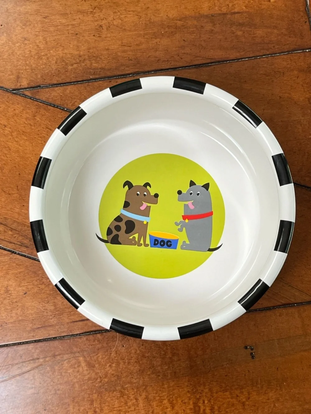 Large whimsical checkered stoneware dog bowl / dish